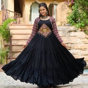 Maroon & Black Colored Reyon With Kutchi Gamthi Embroidered Work & Cotton Print Work - Attirevilla